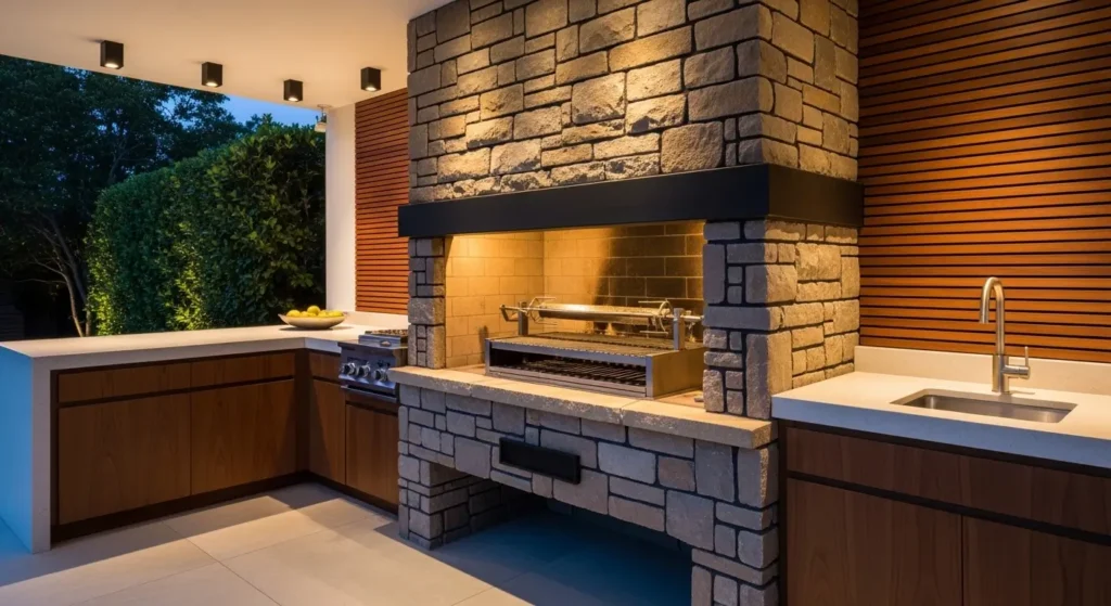 Área gourmet painel ripado churrasqueira
