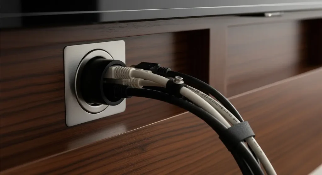 "Painel de TV planejado em sala moderna com nichos assimétricos e iluminação LED"