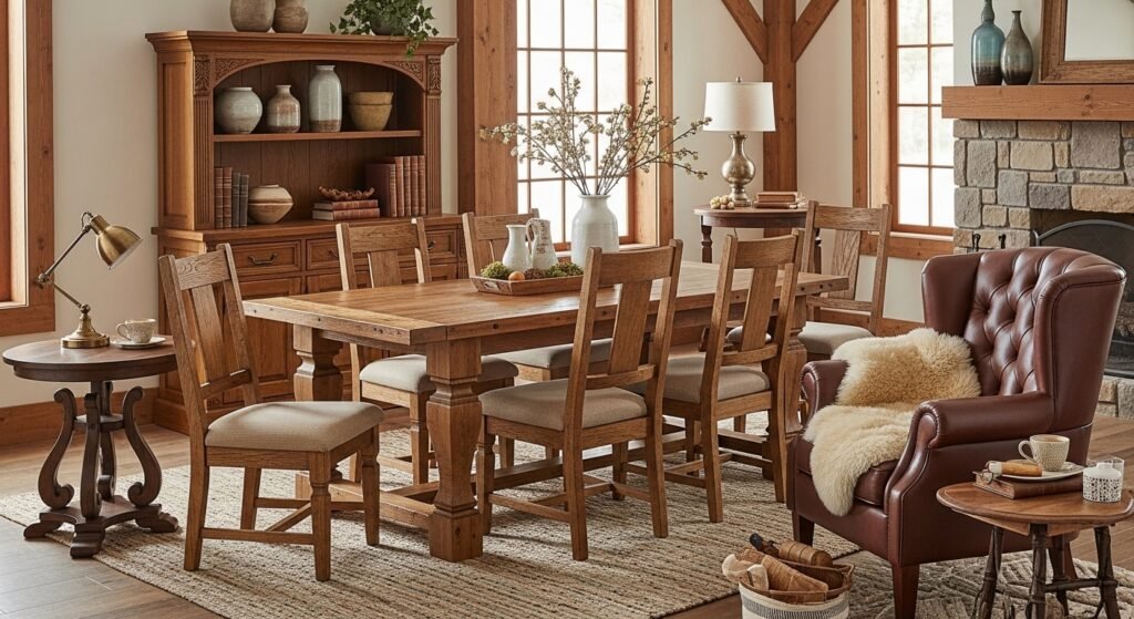 Móveis em madeira maciça, peças de destaque, móveis de estilo rústico ou clássico.