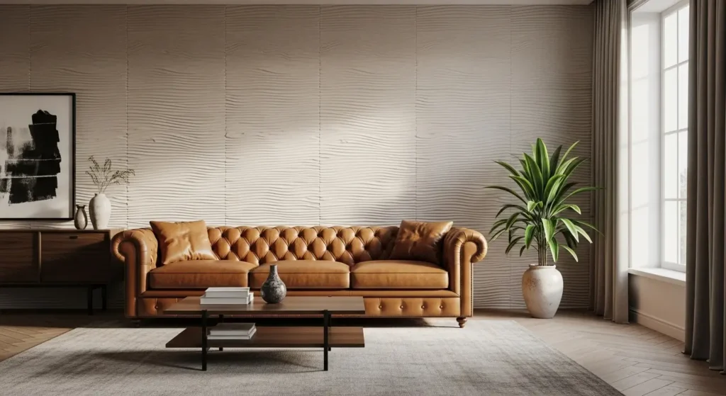 Painel Liso (Lambri) + Sofá de Couro