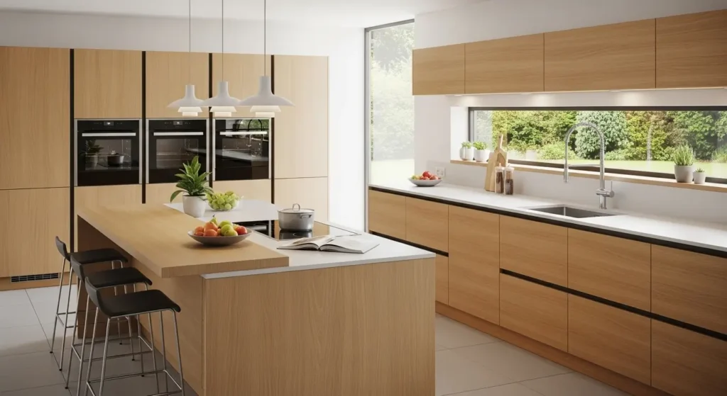 cozinha-planejada-moderna-ilha-armarios-madeira-clara