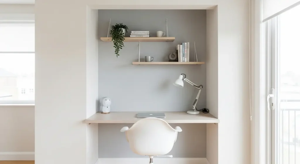 Home Office Planejado: para Espaços Pequenos home-office-planejado-pequeno-nicho-parede.