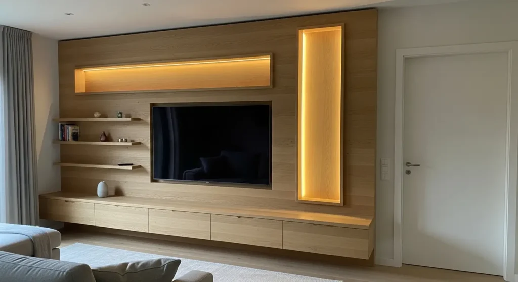 sala-painel-tv-medida-madeira-clara-nichos-iluminacao