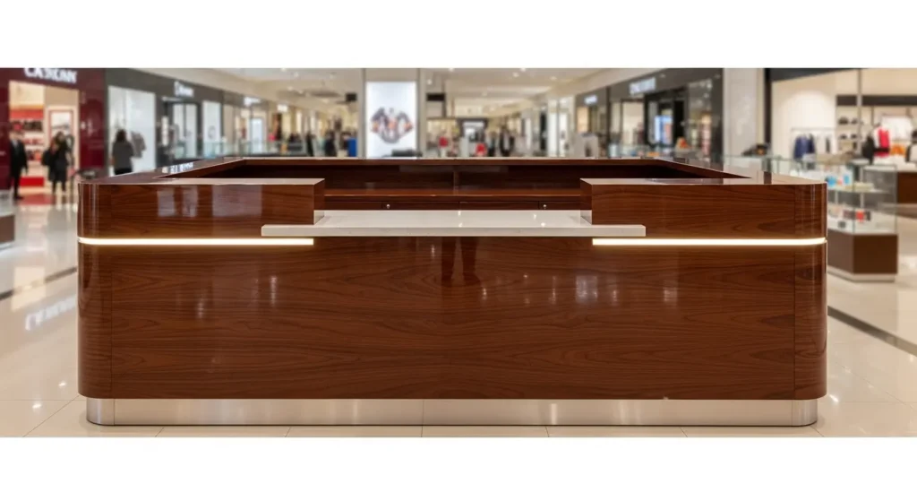Balcão de atendimento premium com marcenaria comercial para lojas de shopping