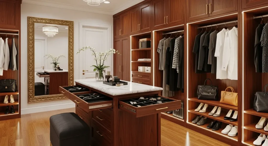 Móveis sob medida de luxo: Closet planejado com móveis sob medida de luxo e iluminação LED embutida