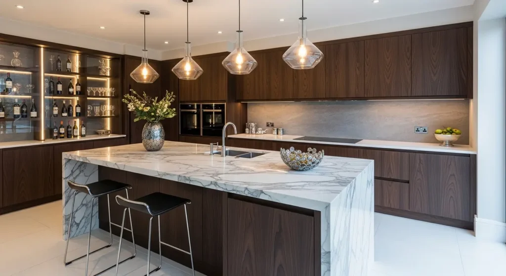 Cozinha de alto padrão com design de nogueira e LED