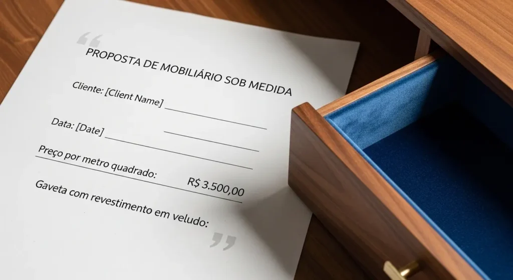 Detalhe de orçamento de móveis planejados de alto padrão valor m2 com gaveta de veludo