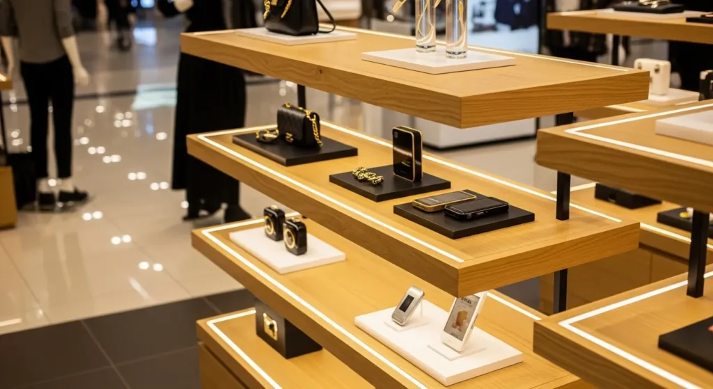 Detalhe de prateleiras iluminadas em marcenaria comercial para lojas de shopping
