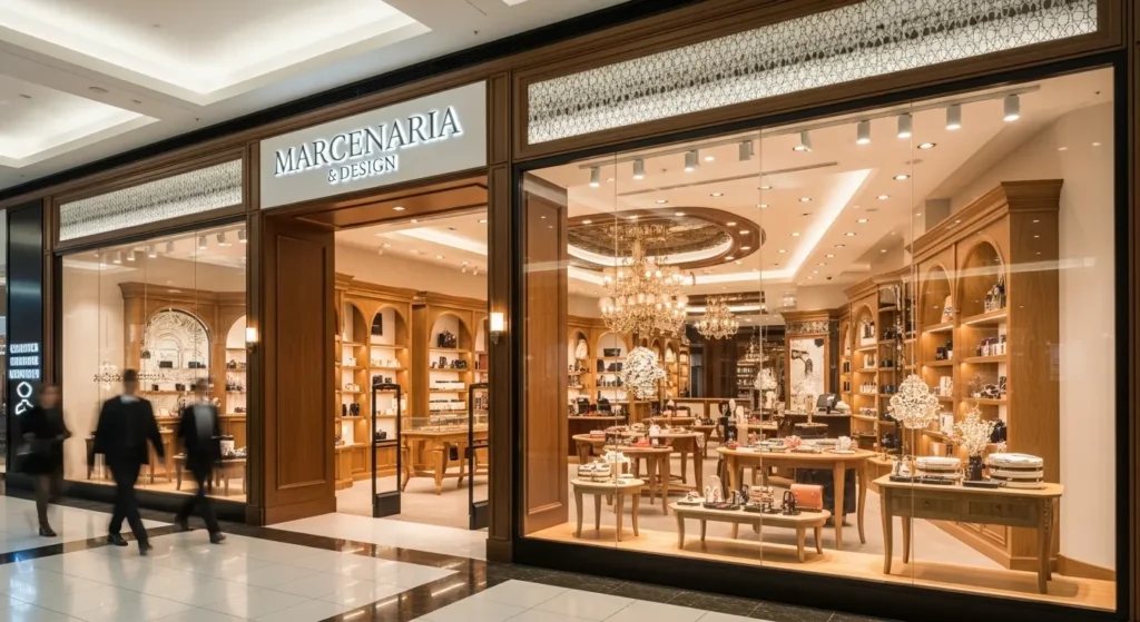Marcenaria comercial para lojas de shopping: Fachada e interior de alto padrão com marcenaria comercial para lojas de shopping