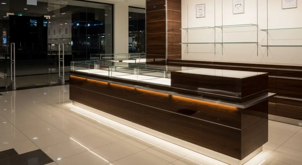 Marcenaria comercial para lojas de shopping Balcão e expositores de alto padrão com iluminação LED