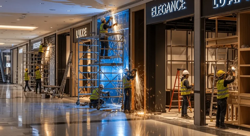 Montagem noturna rápida de marcenaria comercial para lojas de shopping