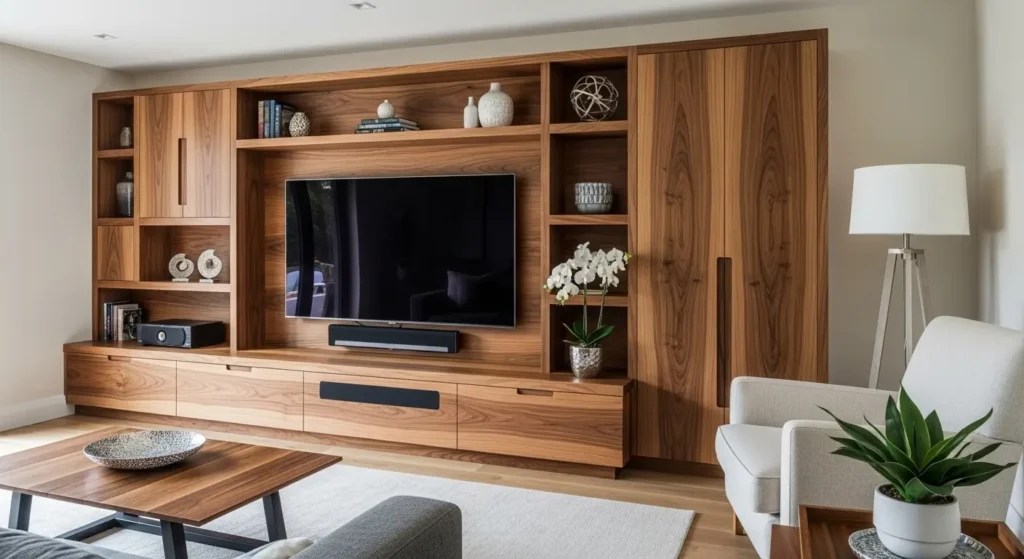 Sala com marcenaria planejada moderna e móveis sob medida madeira