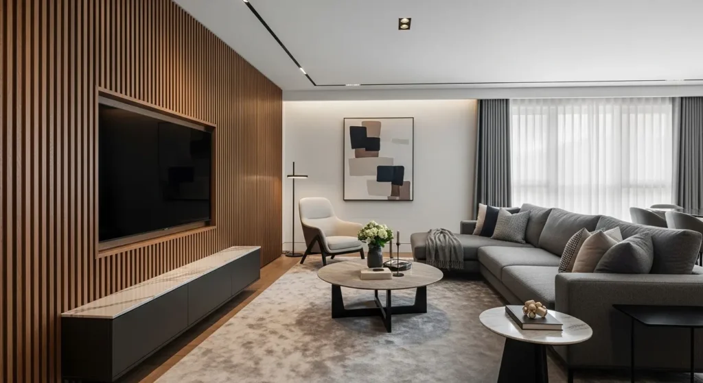 Sala de estar integrada com painel ripado e móveis sob medida de luxo