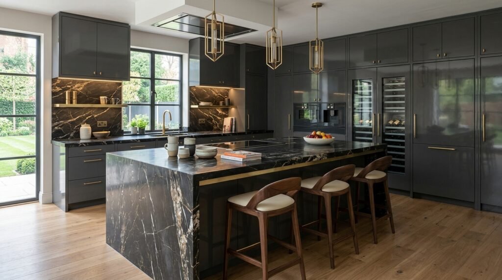 Cozinhas planejadas de alto padrão com ilha central e design moderno com acabamento premium.
