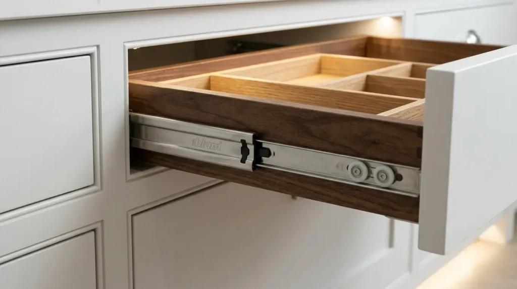 Ferragens BLUM em cozinhas planejadas de alto padrão para garantir durabilidade e suavidade.