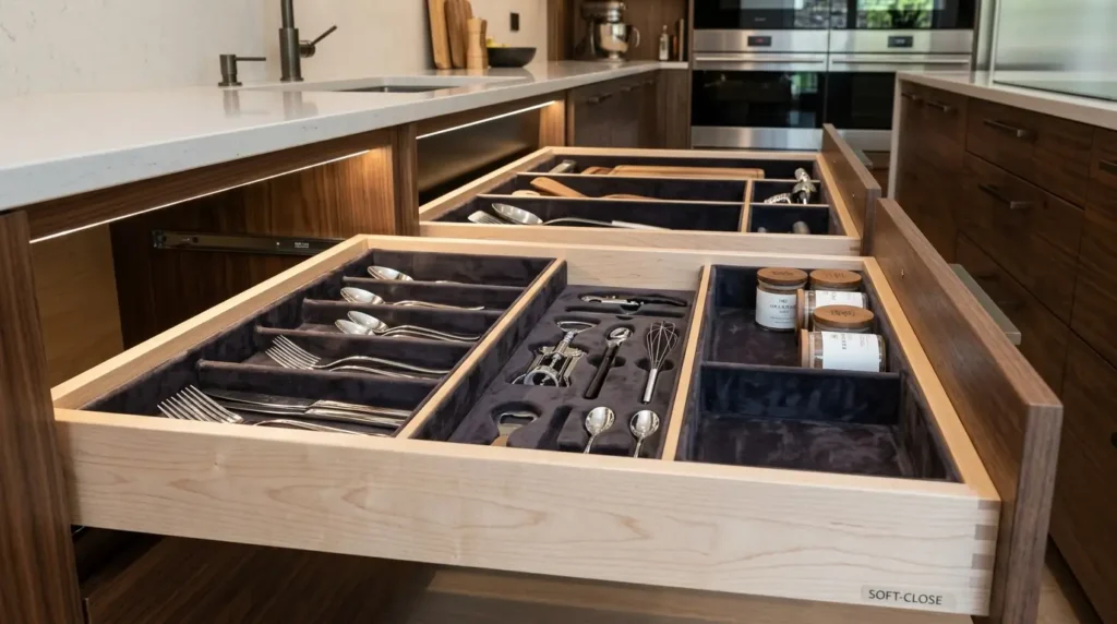 Organização inteligente para cozinhas planejadas de alto padrão com materiais premium.