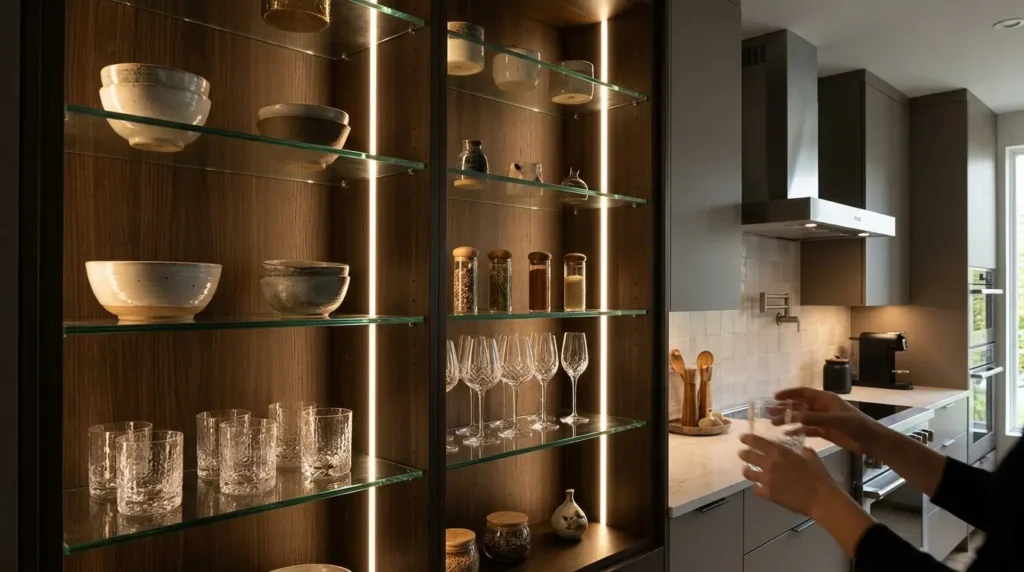Iluminação LED interna em cozinhas planejadas de alto padrão para destaque de acabamentos.