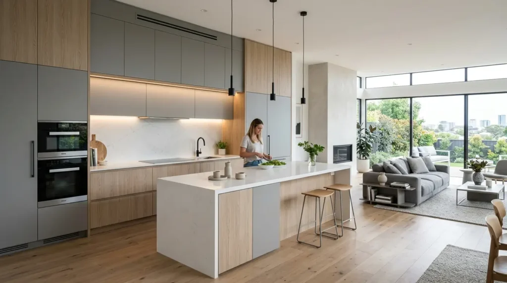 Cozinha integrada com móveis planejados para apartamento pequeno de alto padrão.